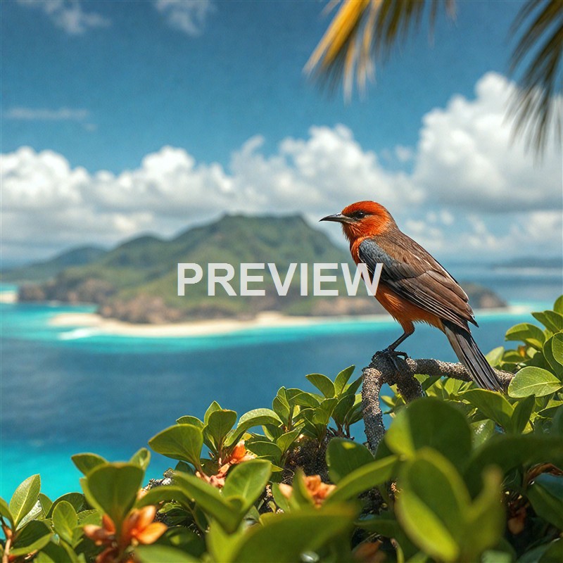 A vibrant orange and gray bird perched on a branch amidst lush green foliage with a tropical island, blue ocean, and partly cloudy sky in the background.